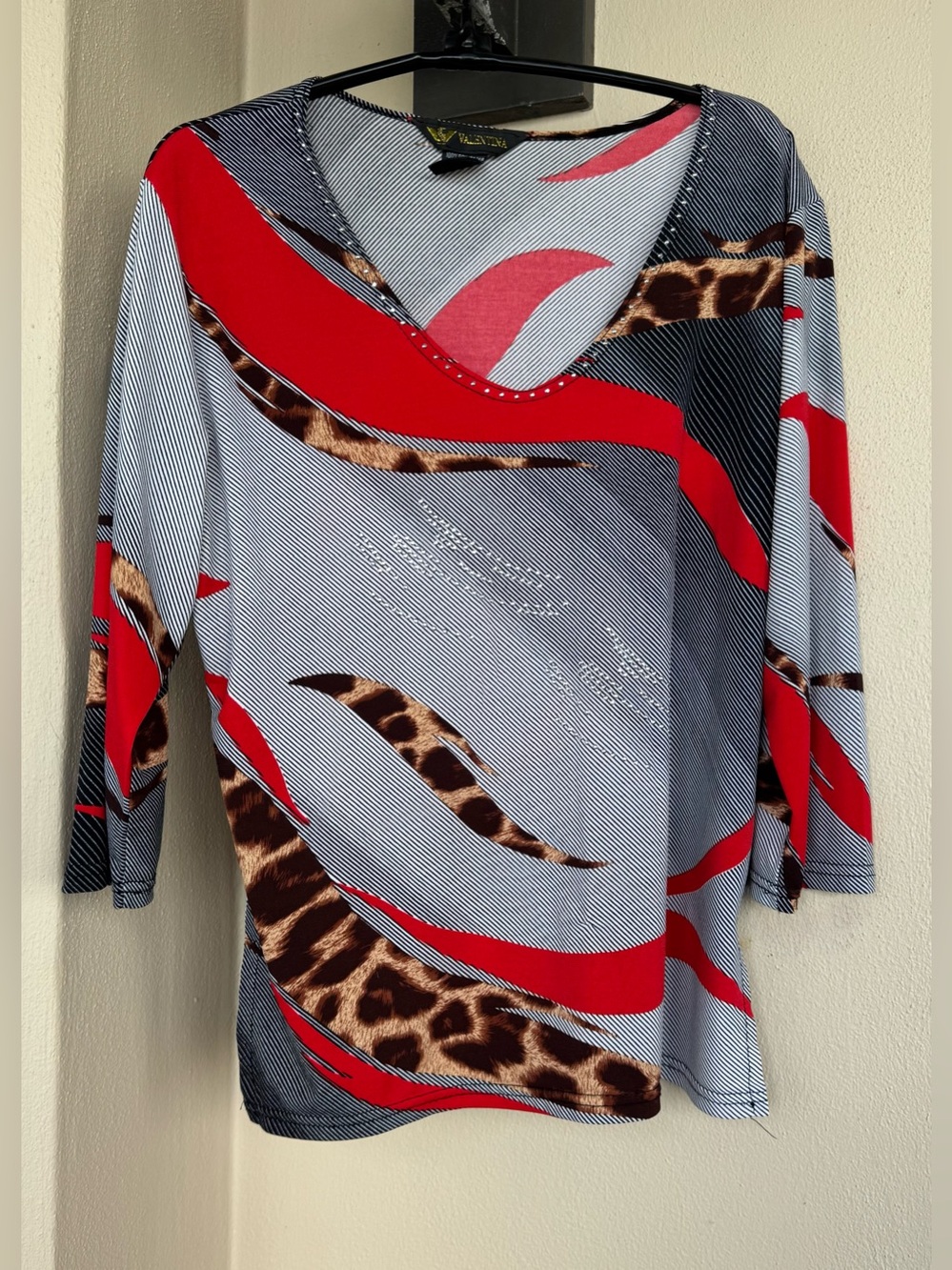 Valentina Top Abstract Leopard Print 3/4 Sleeve Black White Red Rhinestones 1X